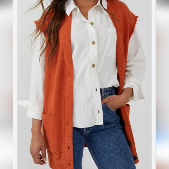 Free People Oakleigh Oversized Knit Vest In Myrrh Orange Size M - Picture 2 of 13